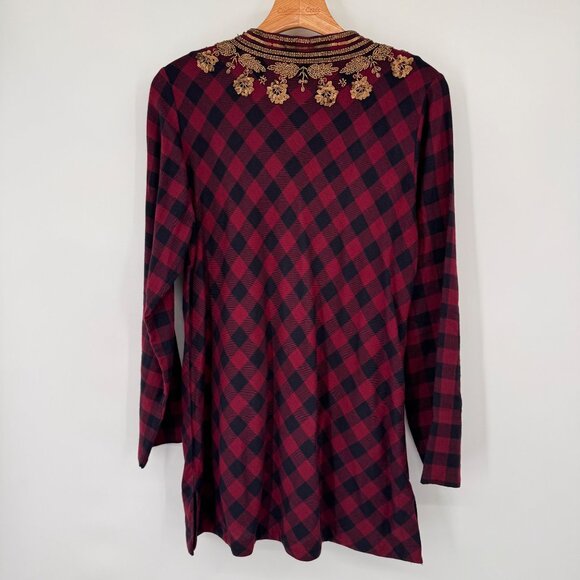 Soft Surroundings Plaid Tunic Top Gold beaded Long Sleeves Cotton red Sz Medium - Picture 9 of 13